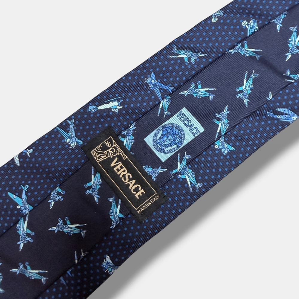 Versace Necktie Mens OS Navy Blue Silk Biplane Airplane‎ Polka Dot Made In Italy
